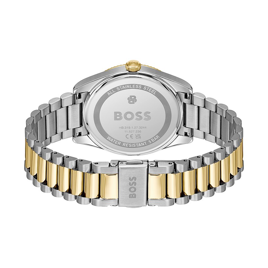 Rückseite einer Boss Herrenuhr aus Edelstahl in Silber und Gold, die das Markenlogo und technische Details zeigt.