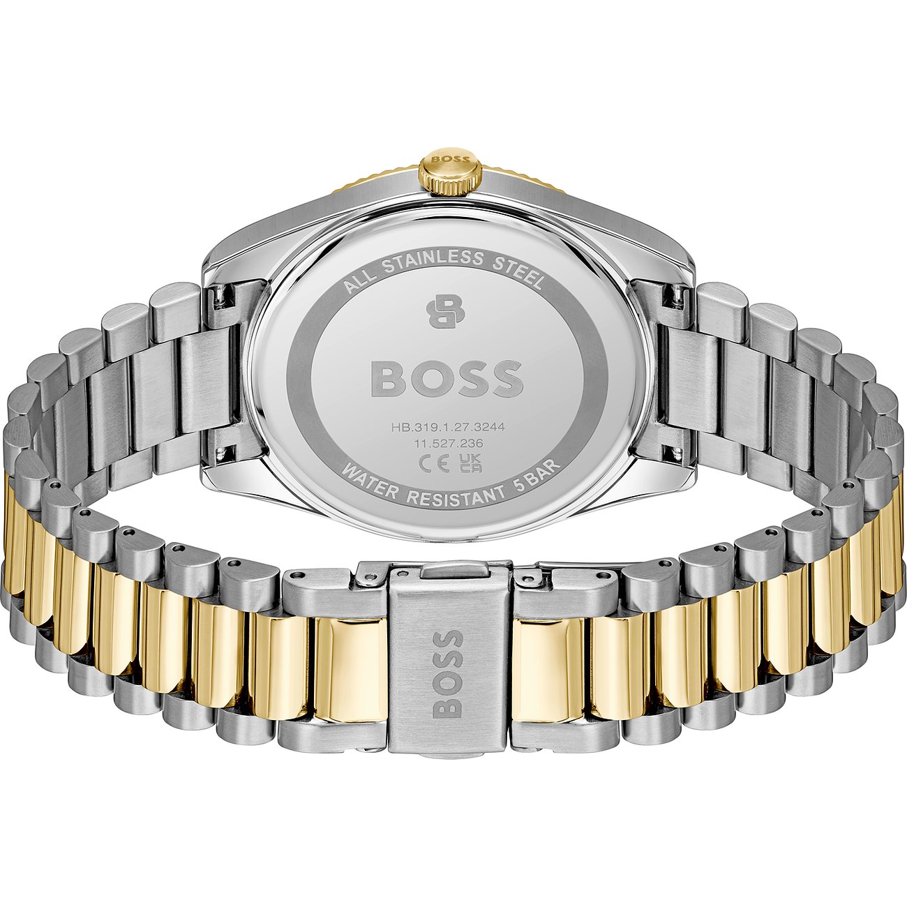 Rückseite einer Boss Herrenuhr aus Edelstahl in Silber und Gold, die das Markenlogo und technische Details zeigt.