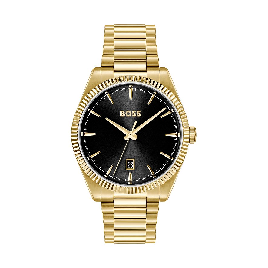 Boss herenhorloge van goudkleurig roestvrij staal met zwarte wijzerplaat en datum op witte achtergrond.