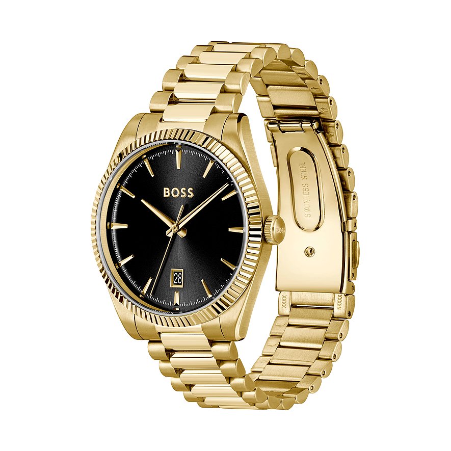 Close-up van een gouden Boss herenhorloge van edelstaal met zwarte wijzerplaat en datumweergave.