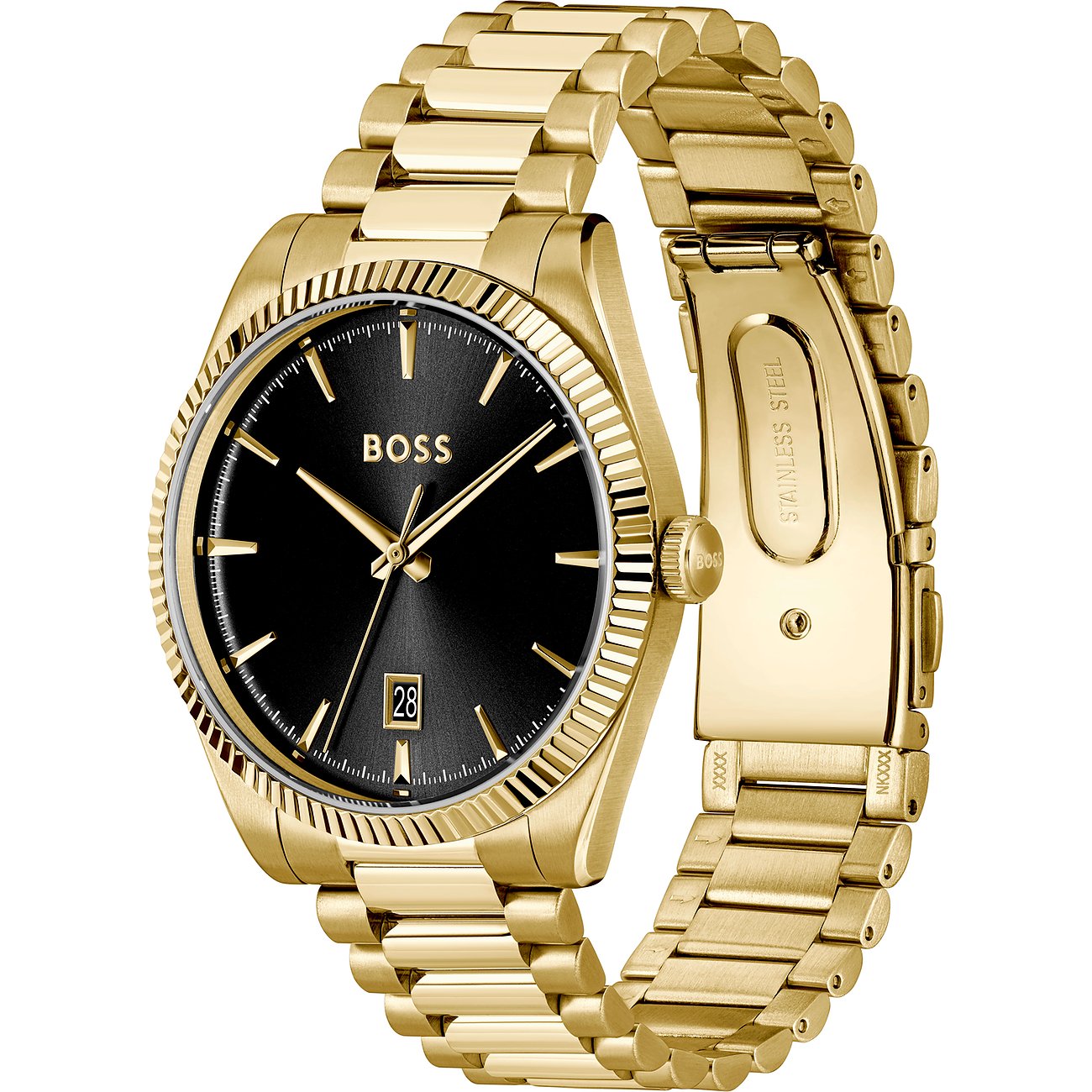 Close-up van een gouden Boss herenhorloge van edelstaal met zwarte wijzerplaat en datumweergave.