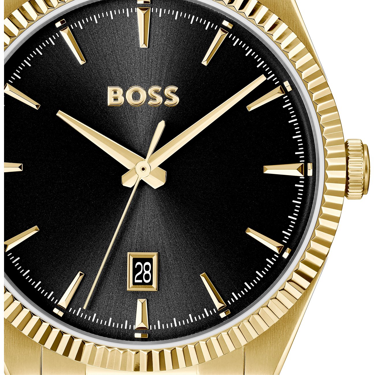Close-up: Boss herenhorloge van goudkleurig edelstaal met zwarte wijzerplaat en datumaanduiding.