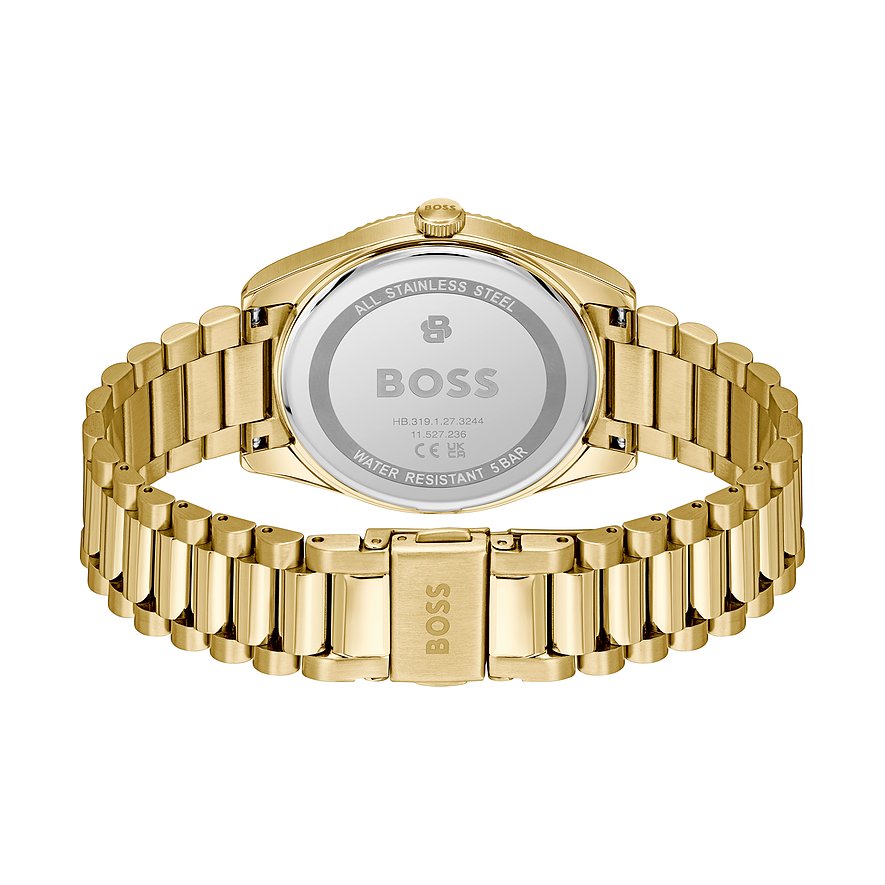 Achteraanzicht van het gouden roestvrijstalen Boss herenhorloge, met gedetailleerde weergave van sluiting en kast.