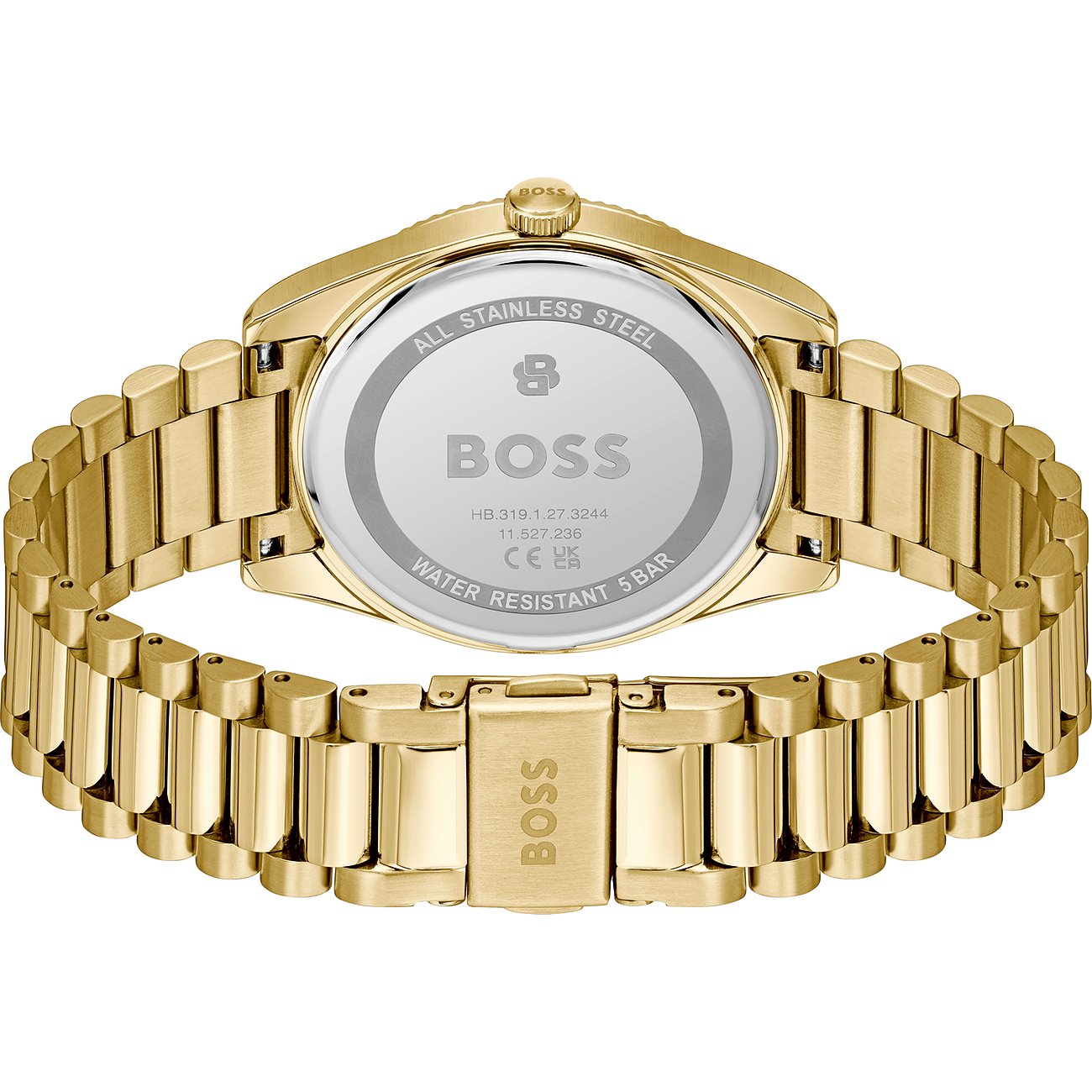 Achteraanzicht van het gouden roestvrijstalen Boss herenhorloge, met gedetailleerde weergave van sluiting en kast.