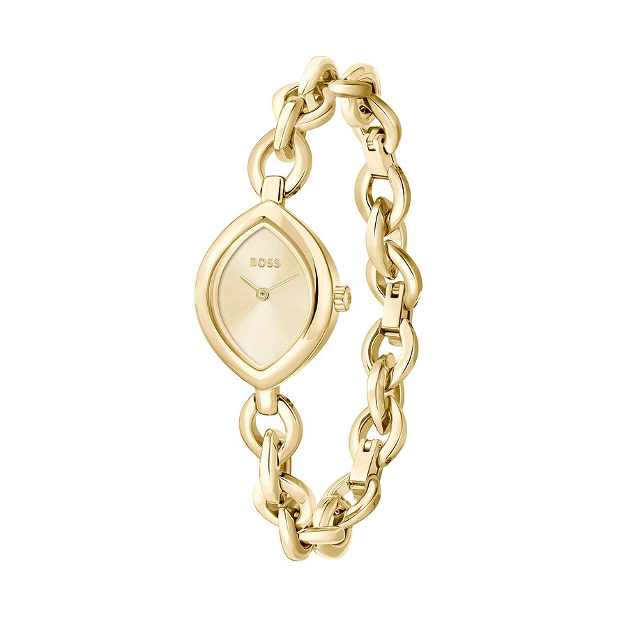 Close-up einer Boss Damenuhr aus goldfarbenem Edelstahl mit ovalem Zifferblatt und einem Kettenarmband.