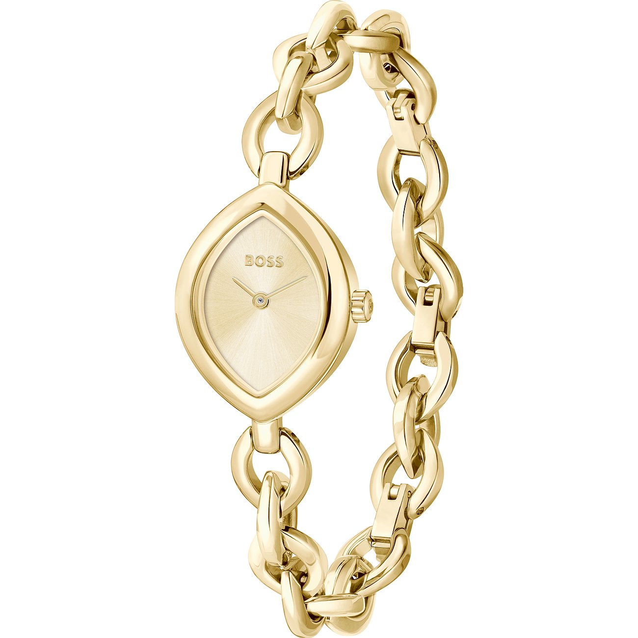 Close-up einer Boss Damenuhr aus goldfarbenem Edelstahl mit ovalem Zifferblatt und einem Kettenarmband.