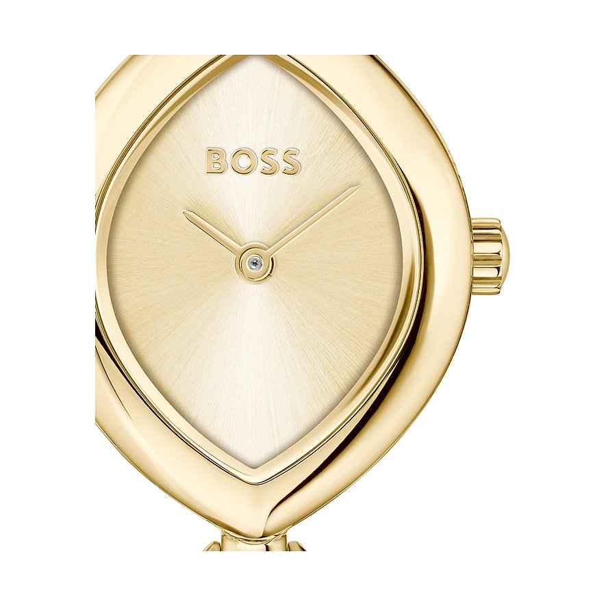 Nahaufnahme einer goldenen Boss Damenuhr aus Edelstahl. Goldenes Zifferblatt mit glänzender Oberfläche und Boss-Logo.