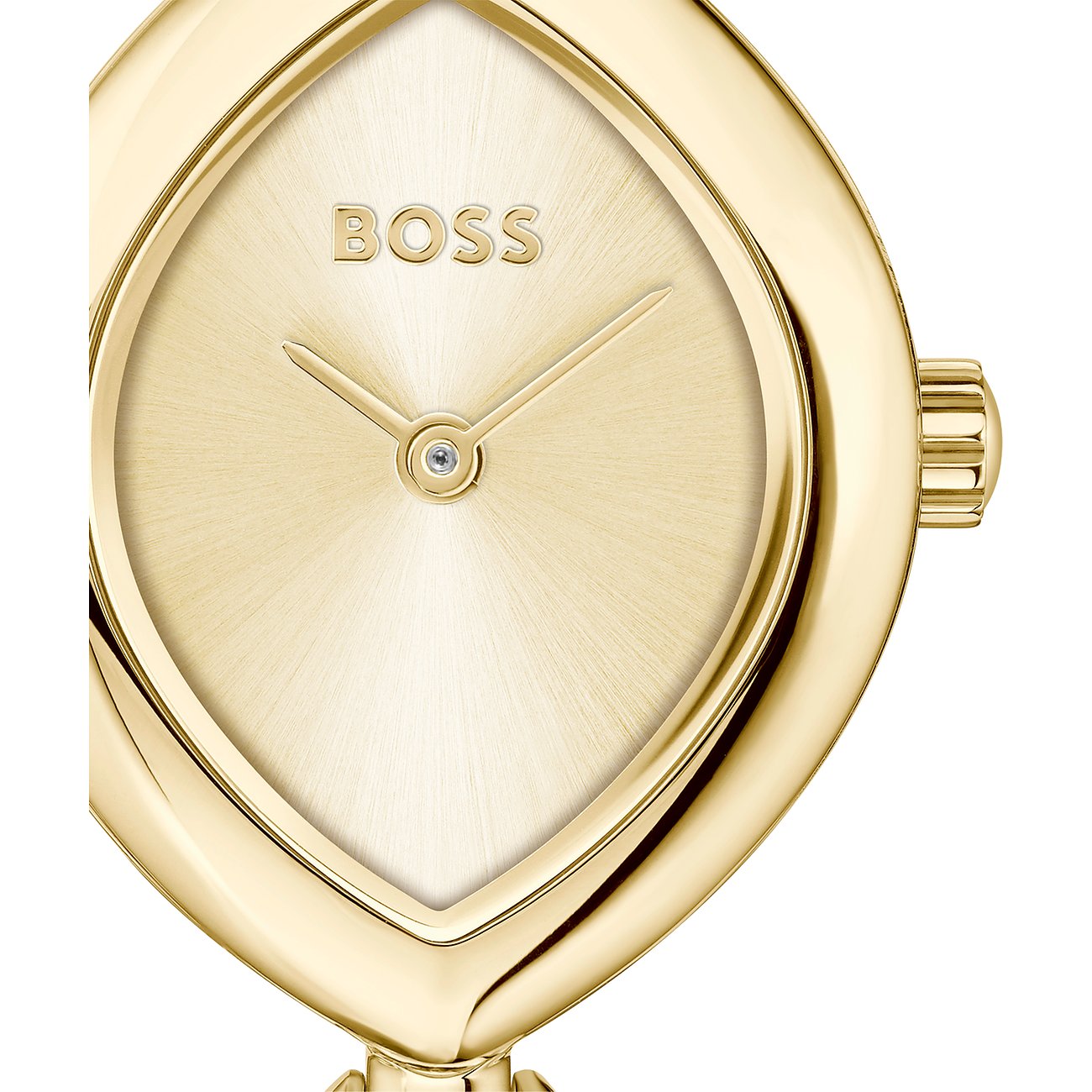 Nahaufnahme einer goldenen Boss Damenuhr aus Edelstahl. Goldenes Zifferblatt mit glänzender Oberfläche und Boss-Logo.