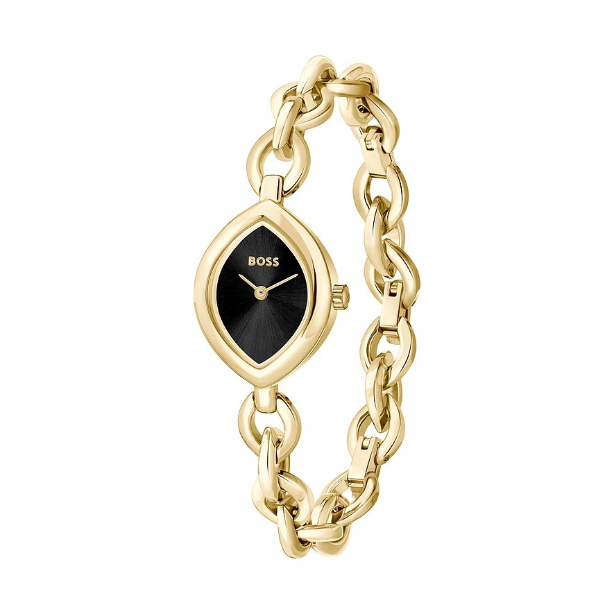 Boss Damenuhr aus goldfarbenem Edelstahl mit auffälligem Kettenarmband und rautenförmigem Zifferblatt.