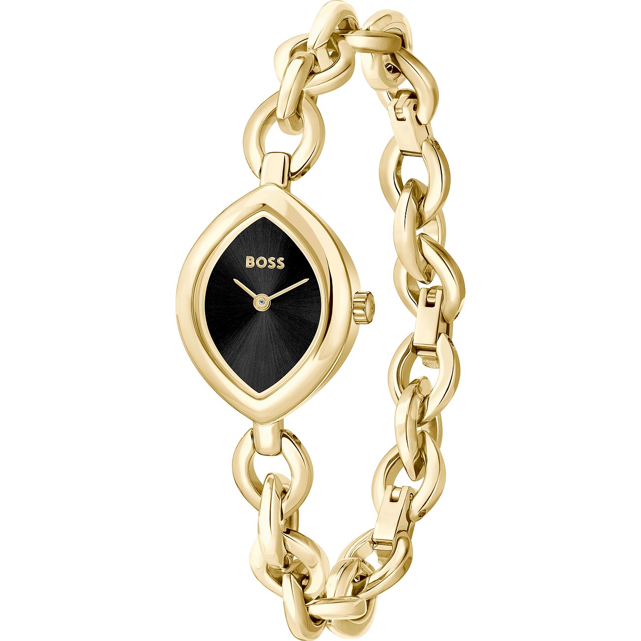 Boss Damenuhr aus goldfarbenem Edelstahl mit auffälligem Kettenarmband und rautenförmigem Zifferblatt.