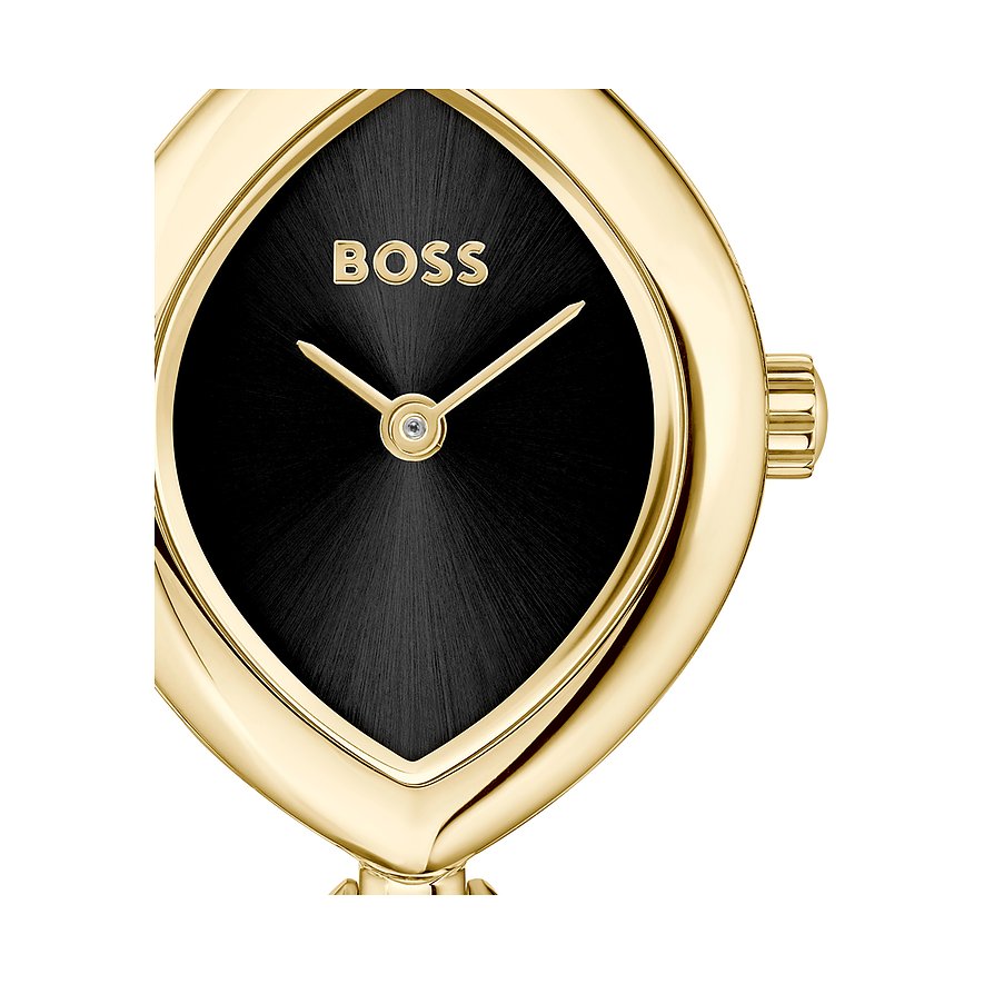Nahaufnahme der goldenen Boss Damenuhr aus Edelstahl mit ovalem, schwarzem Ziffernblatt und goldenen Zeigern.