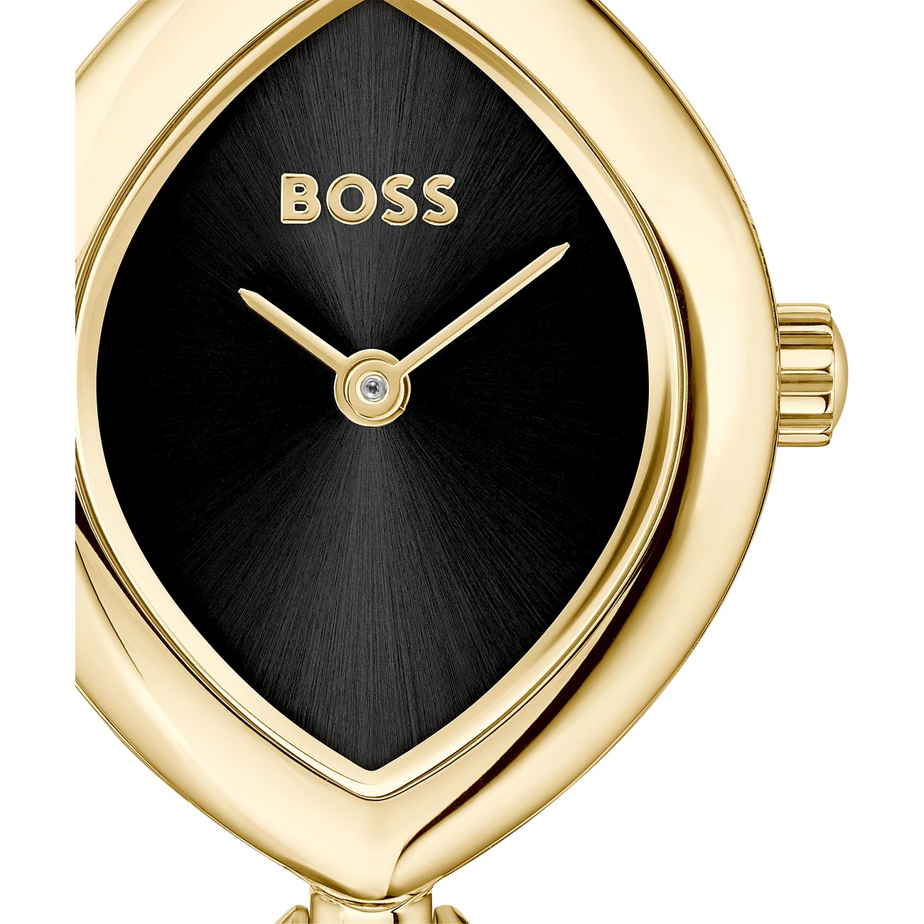 Nahaufnahme der goldenen Boss Damenuhr aus Edelstahl mit ovalem, schwarzem Ziffernblatt und goldenen Zeigern.