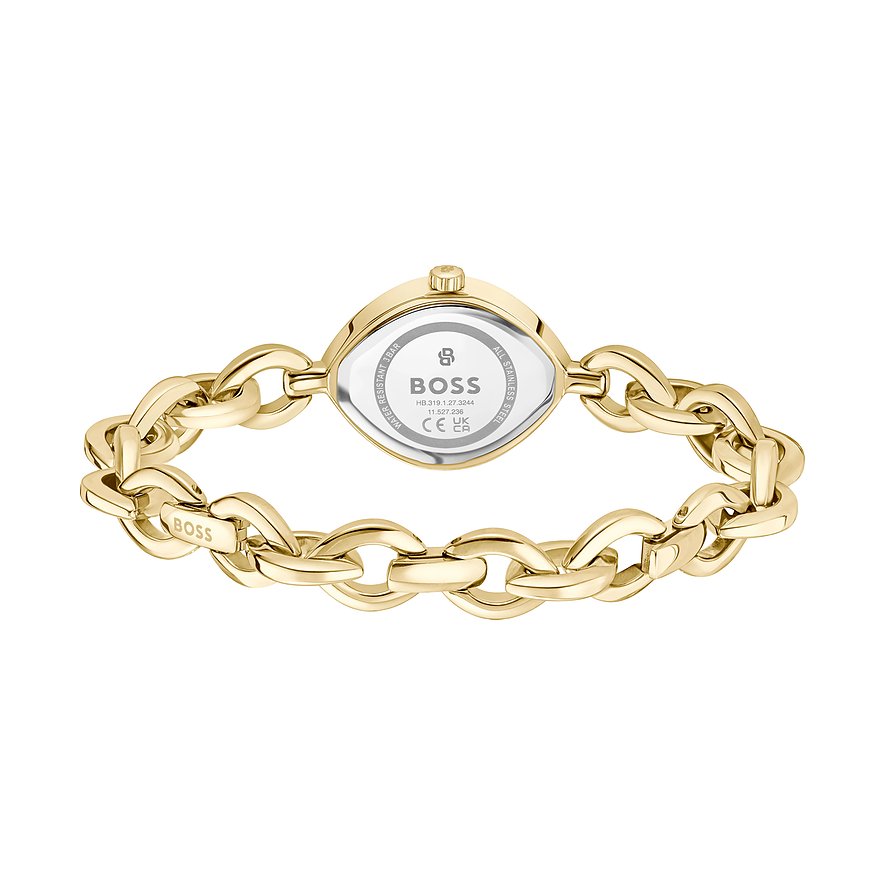 Rückseite einer goldenen BOSS Damenuhr aus Edelstahl mit ovalem Gehäuse und Gliederkette.