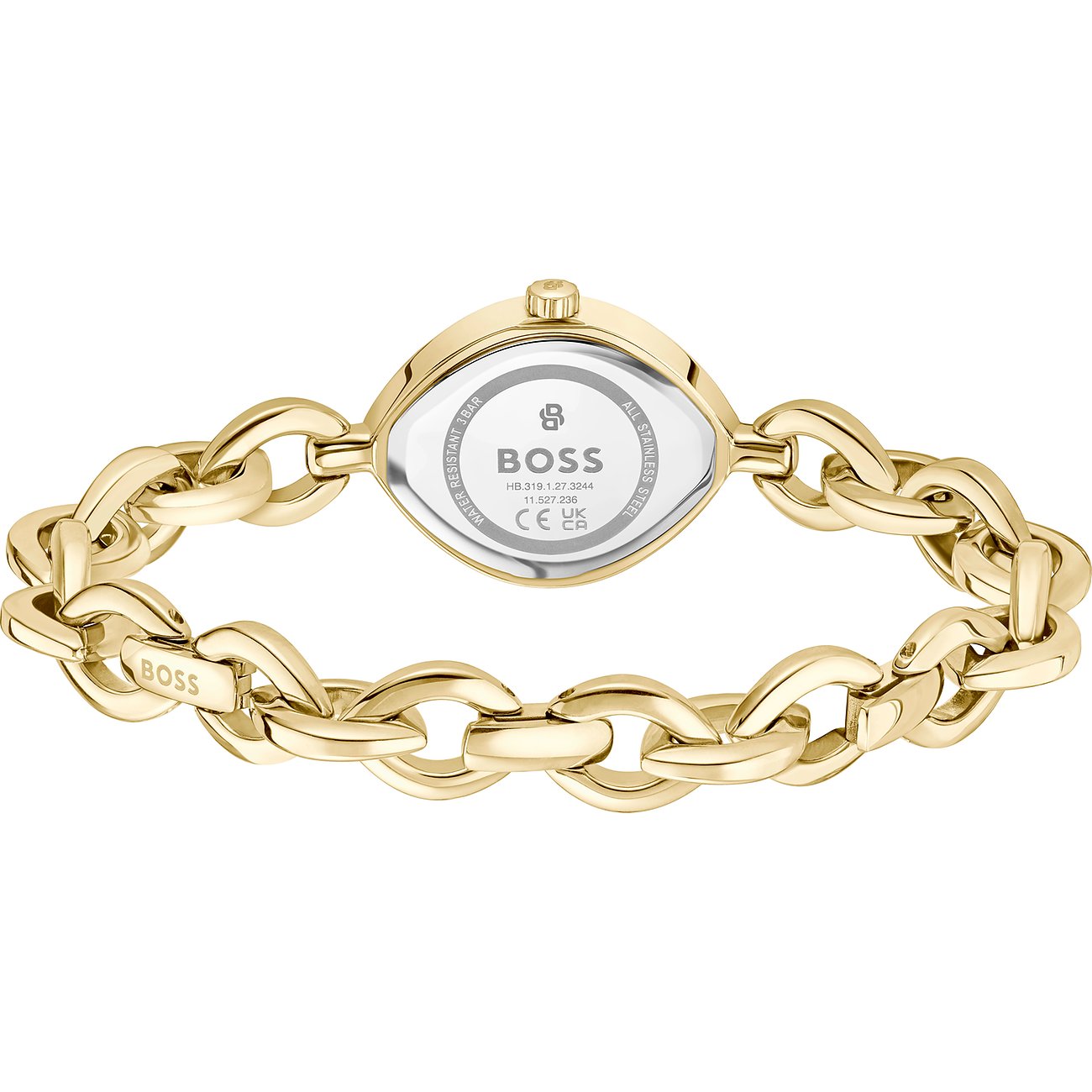 Rückseite einer goldenen BOSS Damenuhr aus Edelstahl mit ovalem Gehäuse und Gliederkette.