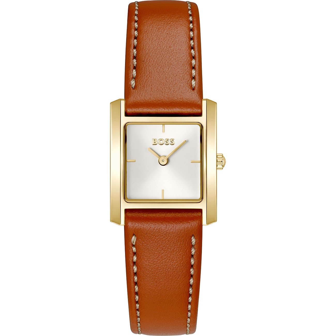Boss Damenuhr aus goldfarbenem Edelstahl mit eckigem Zifferblatt und braunem Lederarmband.