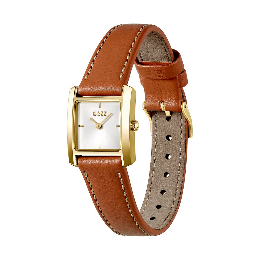 Boss Damenuhr aus goldfarbenem Edelstahl mit eckigem Zifferblatt und braunem Lederarmband.