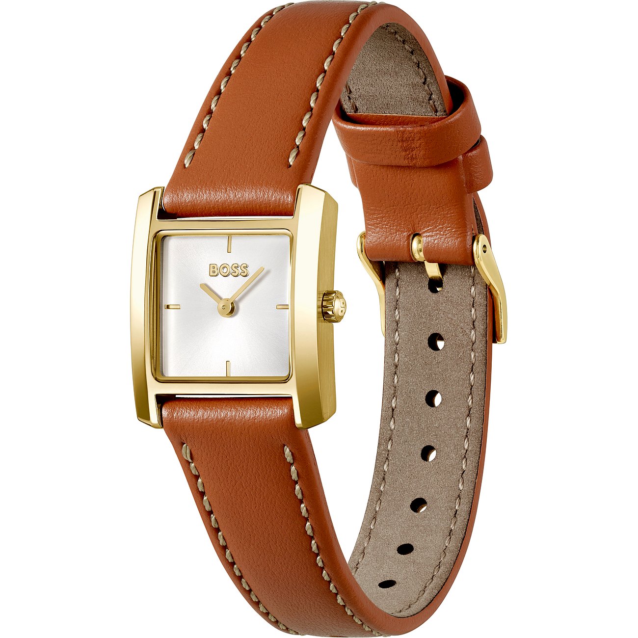 Boss Damenuhr aus goldfarbenem Edelstahl mit eckigem Zifferblatt und braunem Lederarmband.