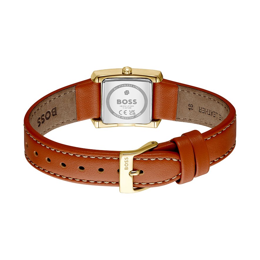 Rückansicht der Boss Damenuhr aus goldfarbenem Edelstahl mit hellbraunem Lederarmband und Dornschließe.