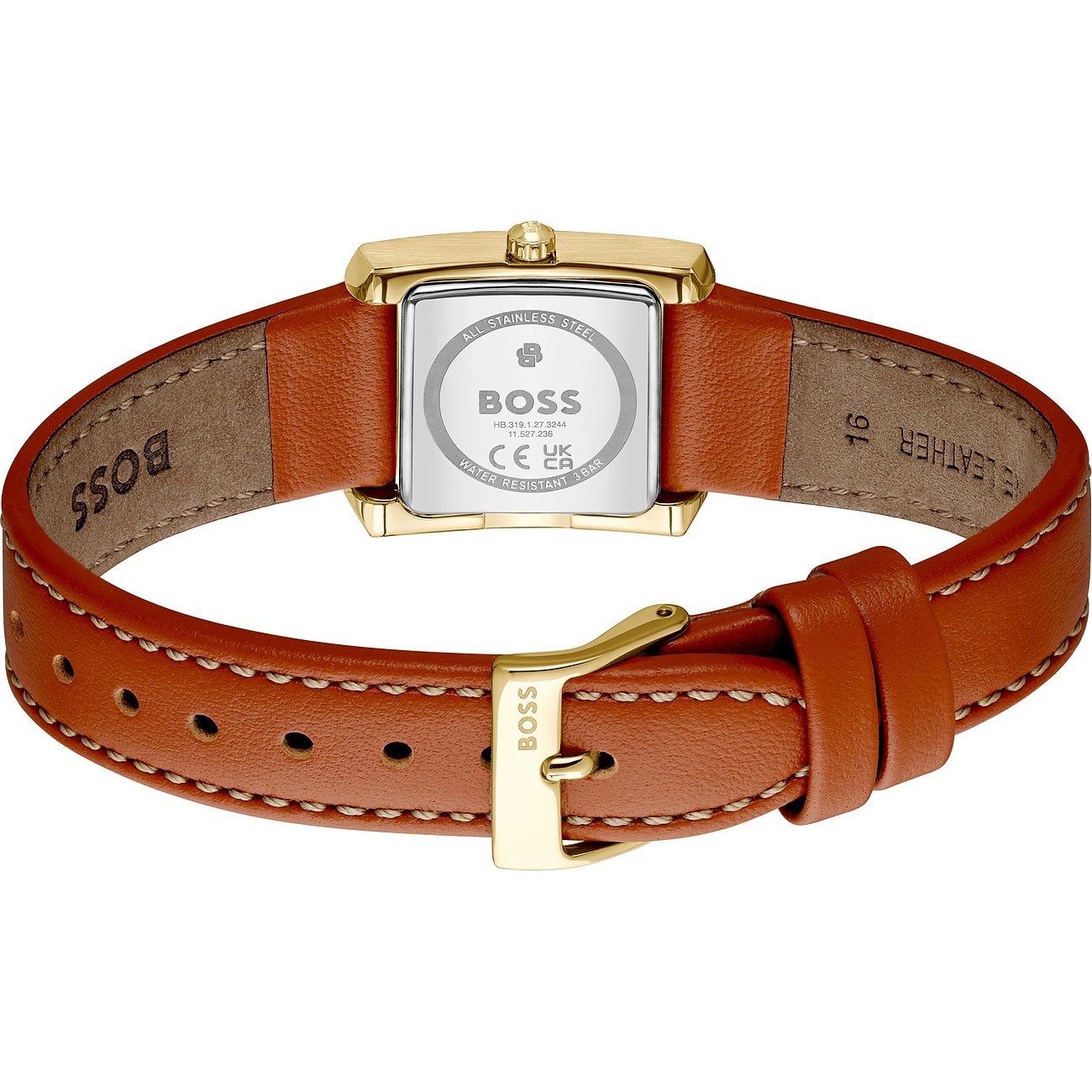 Rückansicht der Boss Damenuhr aus goldfarbenem Edelstahl mit hellbraunem Lederarmband und Dornschließe.