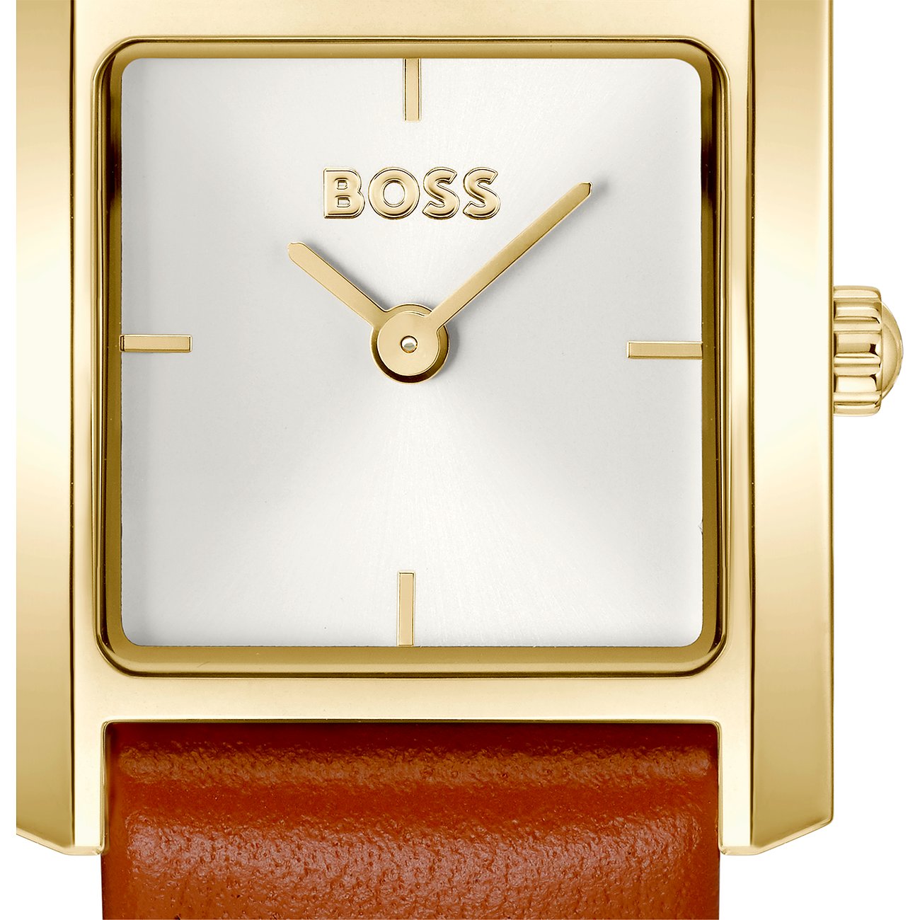 Nahaufnahme des Zifferblatts einer Damenuhr von Boss mit goldenem Edelstahlgehäuse und weißem Zifferblatt.