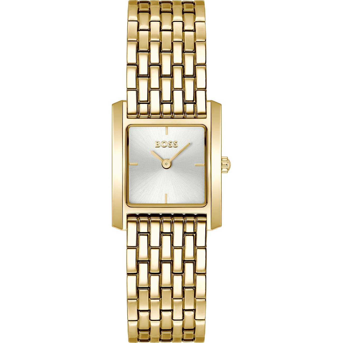Eine stilvolle goldfarbene Damenuhr von Boss aus Edelstahl mit rechteckigem Zifferblatt und feingliedrigem Armband.