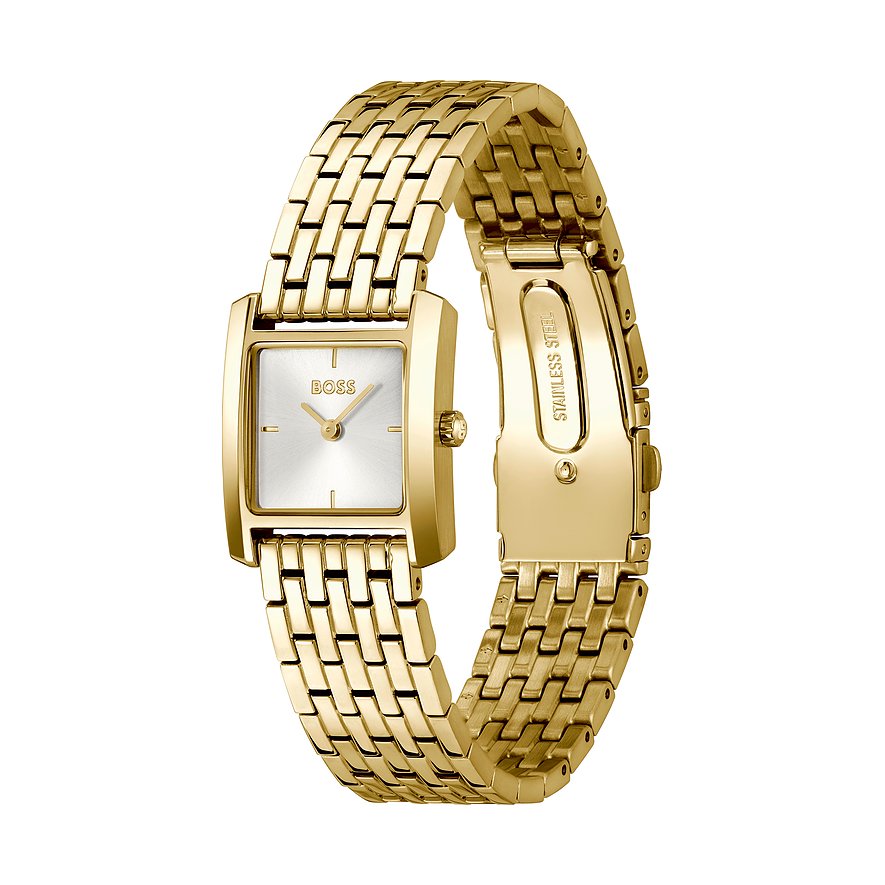 Nahaufnahme einer goldenen Boss Damenuhr aus Edelstahl mit rechteckigem Zifferblatt und Gliederarmband.