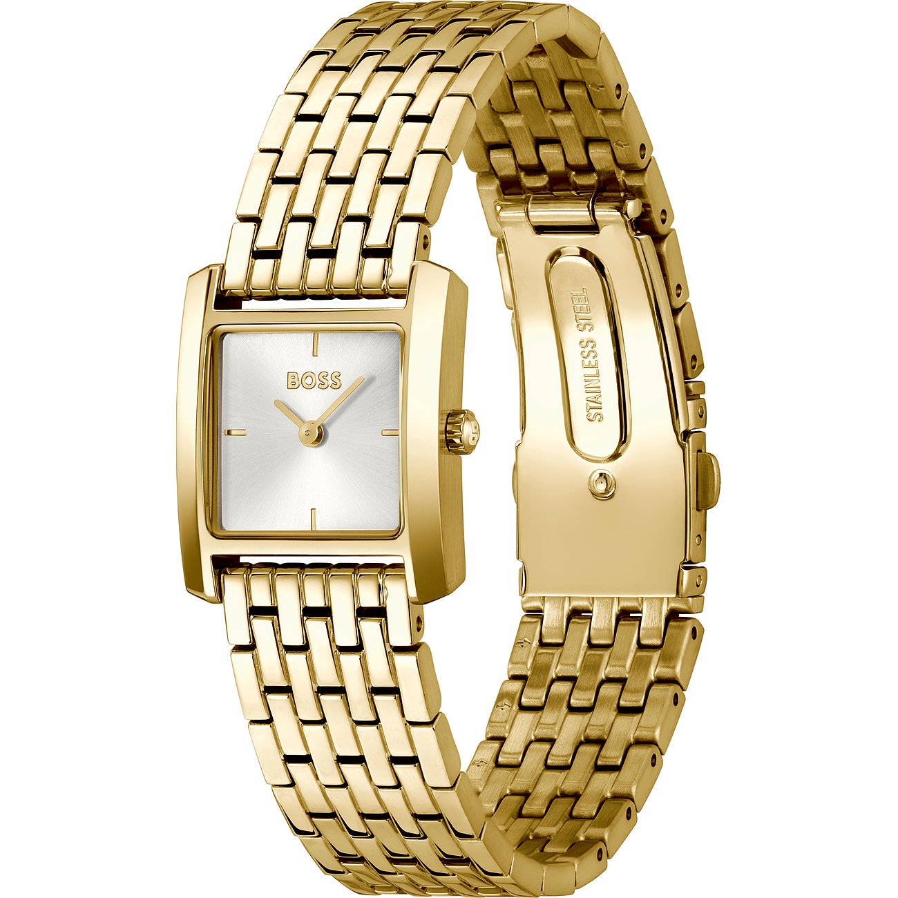 Nahaufnahme einer goldenen Boss Damenuhr aus Edelstahl mit rechteckigem Zifferblatt und Gliederarmband.