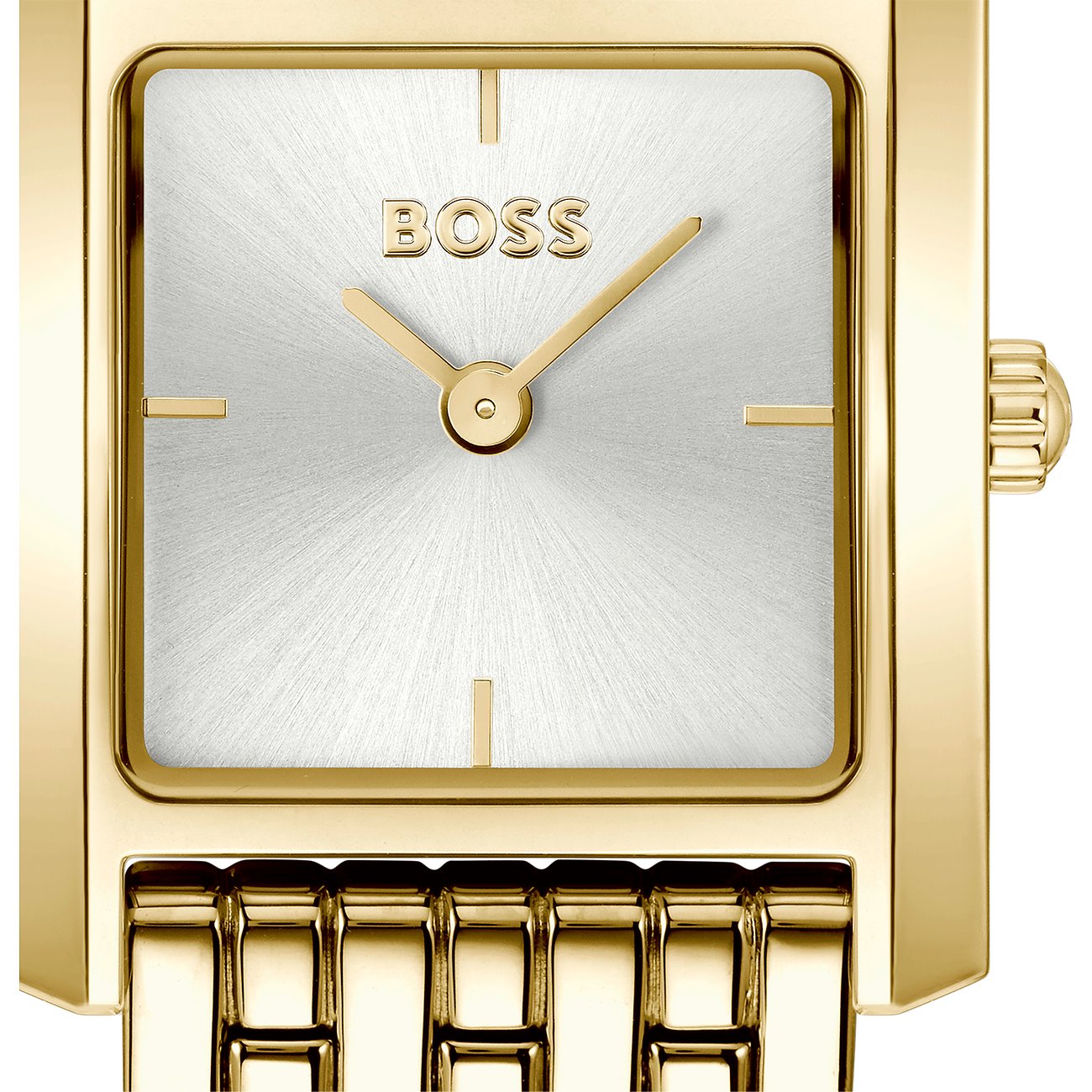 Nahaufnahme der Boss Damenuhr aus goldfarbenem Edelstahl mit Boss-Logo auf silbernem Zifferblatt.