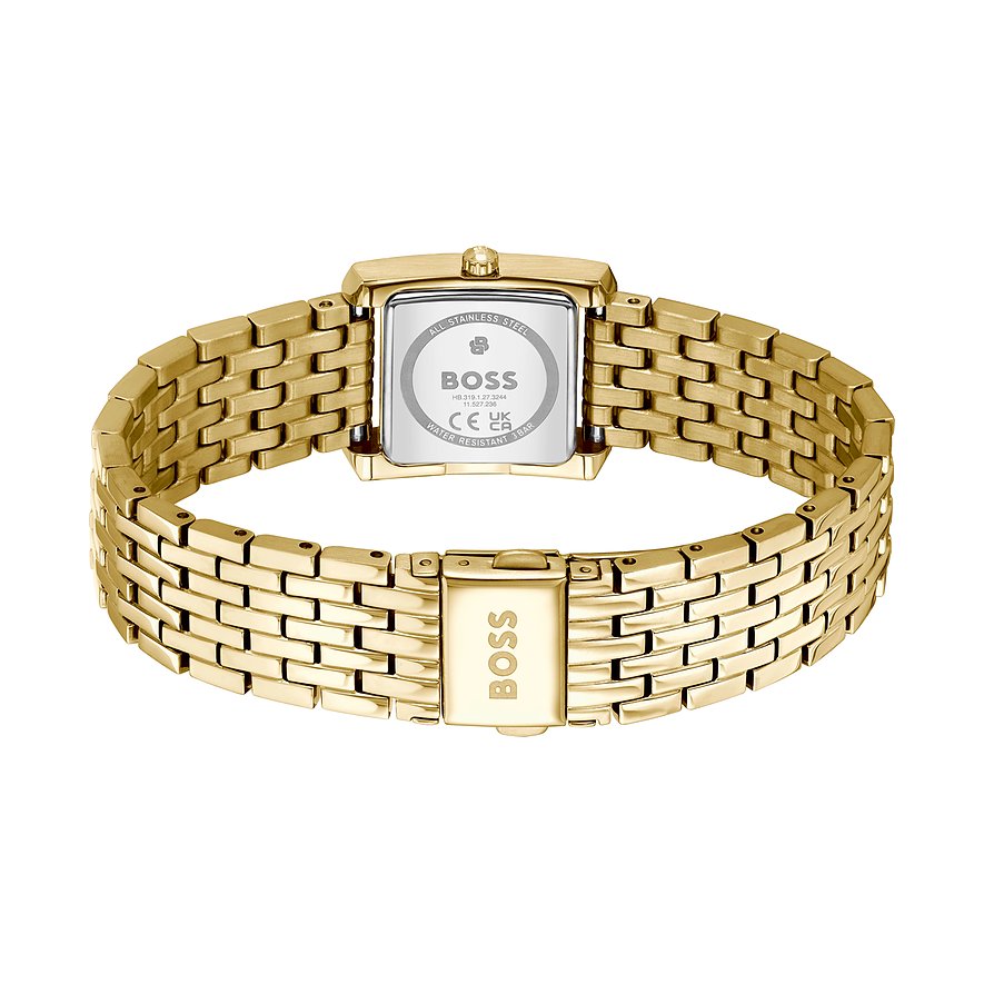 Rückansicht der goldenen BOSS Damenuhr aus Edelstahl mit rechteckigem Gehäuse und Armbandklappe.
