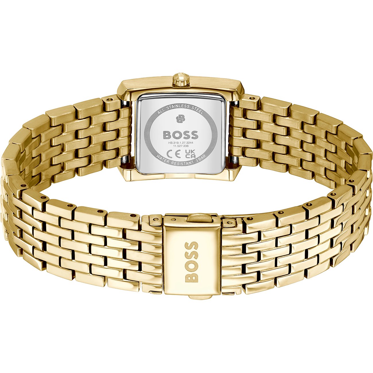 Rückansicht der goldenen BOSS Damenuhr aus Edelstahl mit rechteckigem Gehäuse und Armbandklappe.