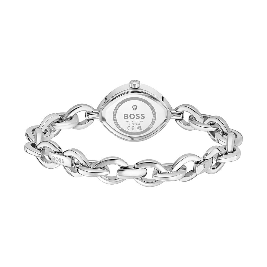 Rückansicht einer Boss Damenuhr aus poliertem Edelstahl mit einem Gliederarmband und ovalem Gehäuse.