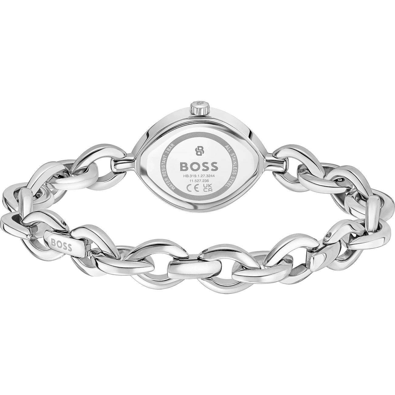 Rückansicht einer Boss Damenuhr aus poliertem Edelstahl mit einem Gliederarmband und ovalem Gehäuse.
