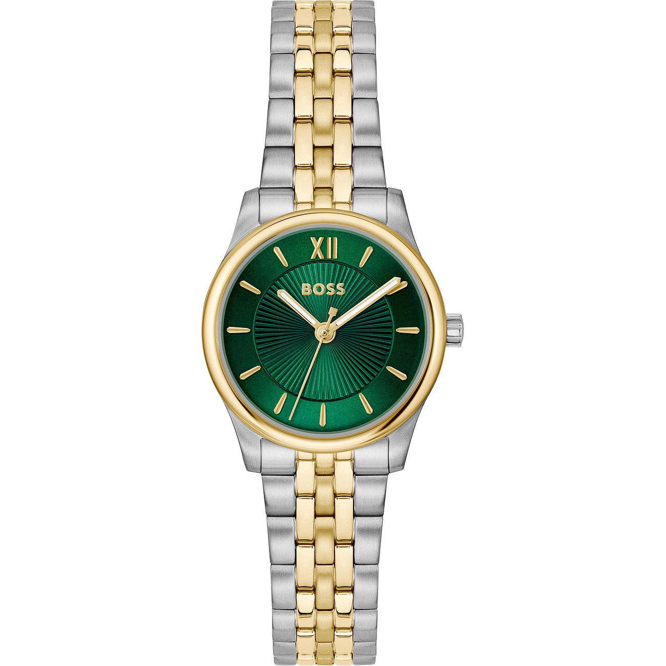 Boss Damenuhr aus Edelstahl mit silber- und goldfarbenem Armband und grünem Zifferblatt