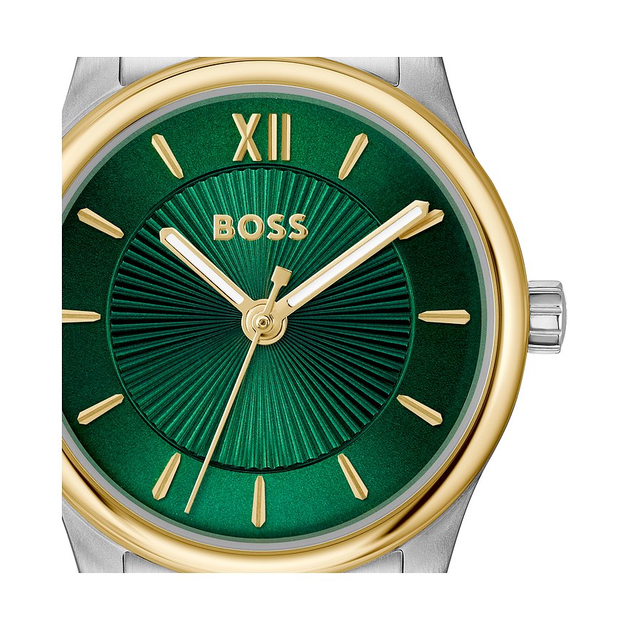 Boss Damenuhr: Edelstahl, goldfarbenes Gehäuse, leuchtend grünes Zifferblatt mit radialen Rillen und goldenen Zeigern.