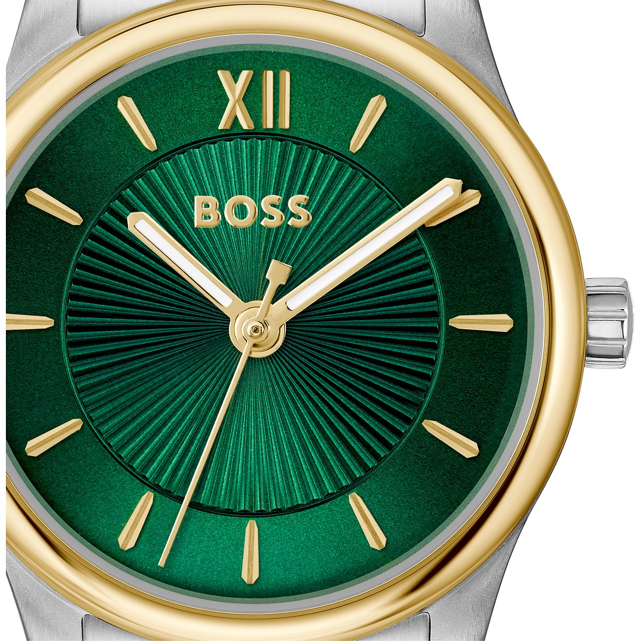 Boss Damenuhr: Edelstahl, goldfarbenes Gehäuse, leuchtend grünes Zifferblatt mit radialen Rillen und goldenen Zeigern.