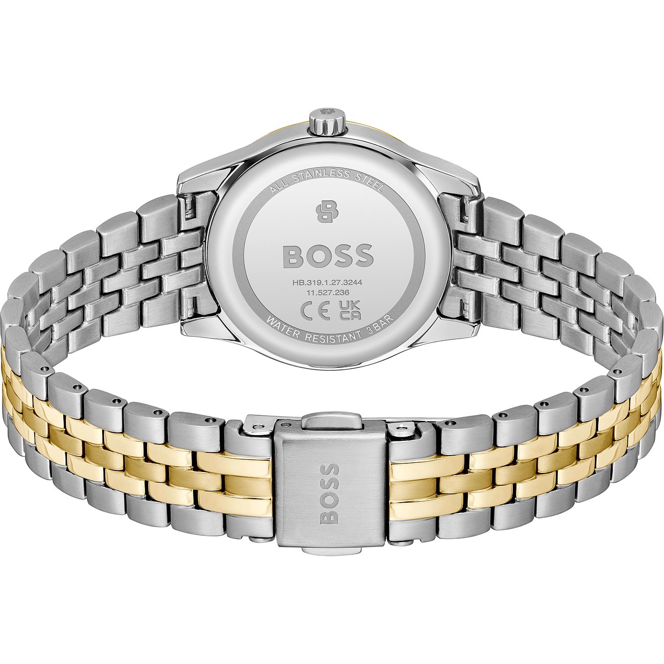 Rückseite einer Boss Damenuhr aus robustem bicolorfarbenem Edelstahl, die Details zu Wasserdichtigkeit und Marke zeigt.