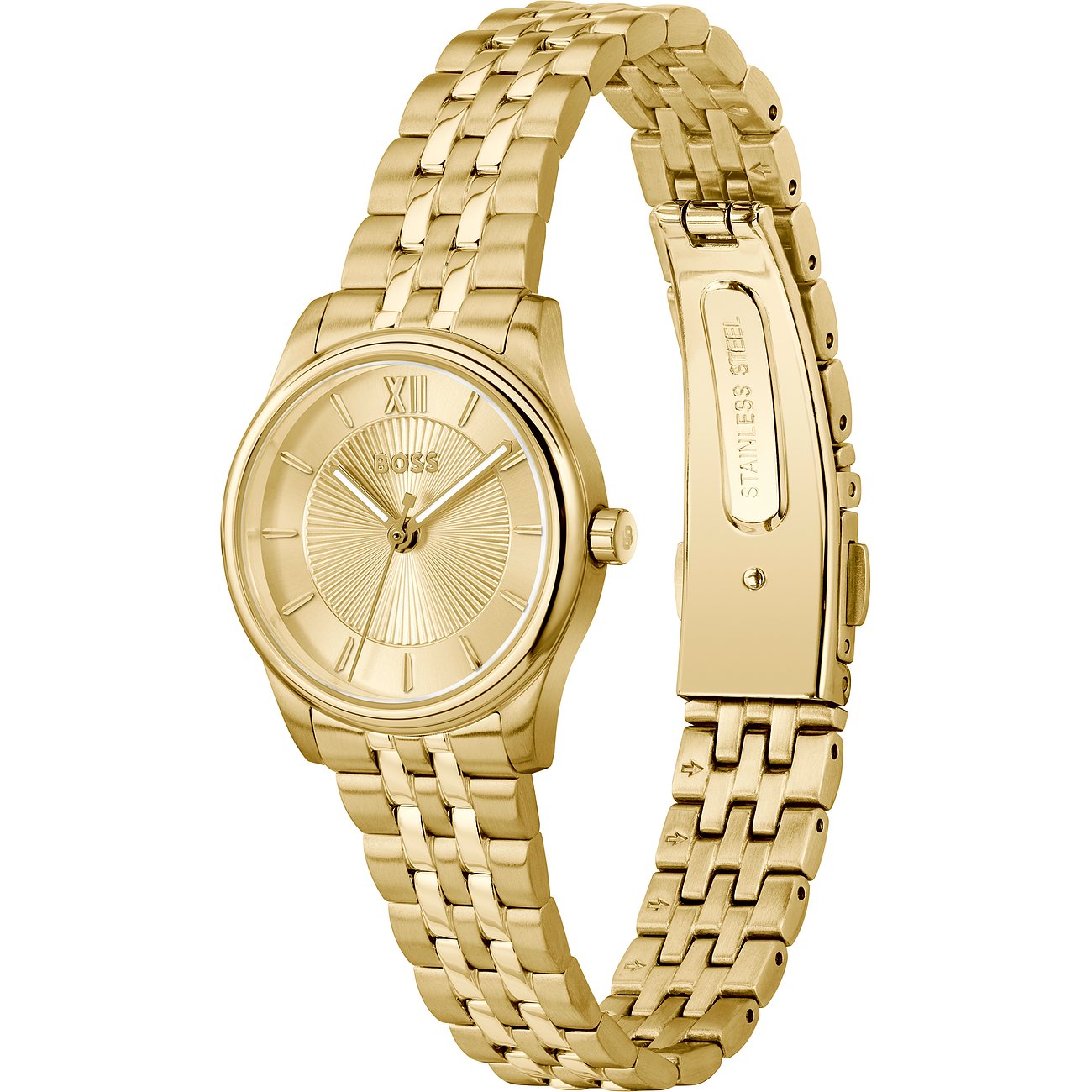Eine BOSS Damenuhr aus gelbgoldenem Edelstahl, frontal fotografiert, zeigt römische Ziffern auf dem Zifferblatt.