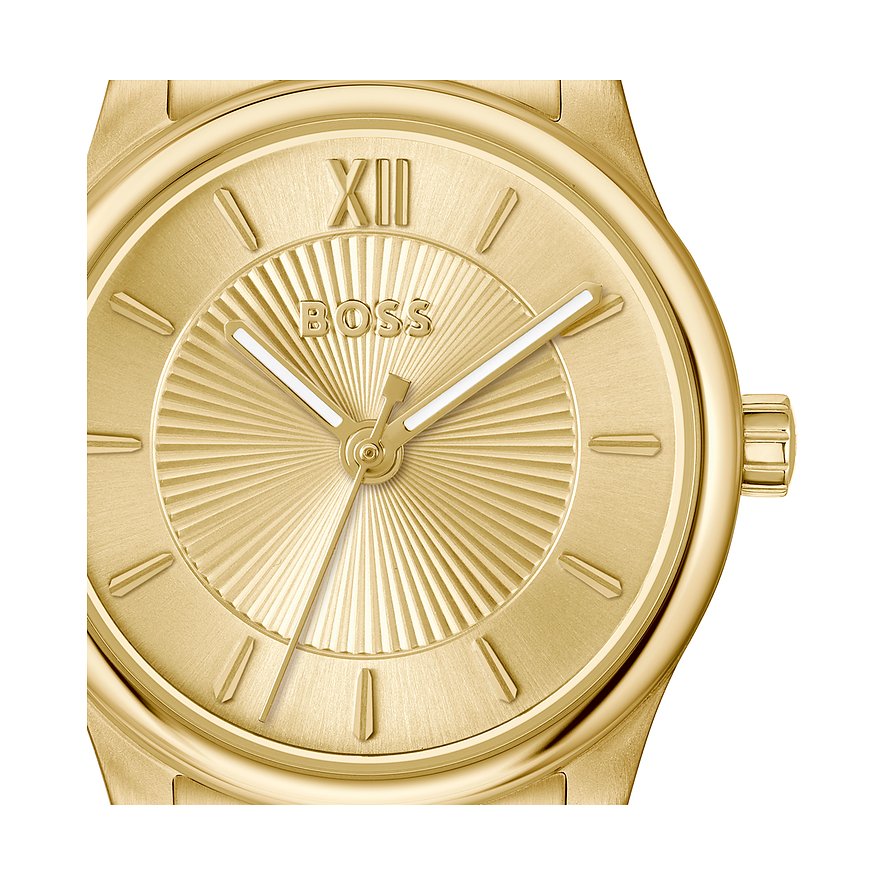 Nahaufnahme einer Boss Damenuhr aus goldfarbenem Edelstahl mit strukturiertem Zifferblatt und römischen Ziffern.