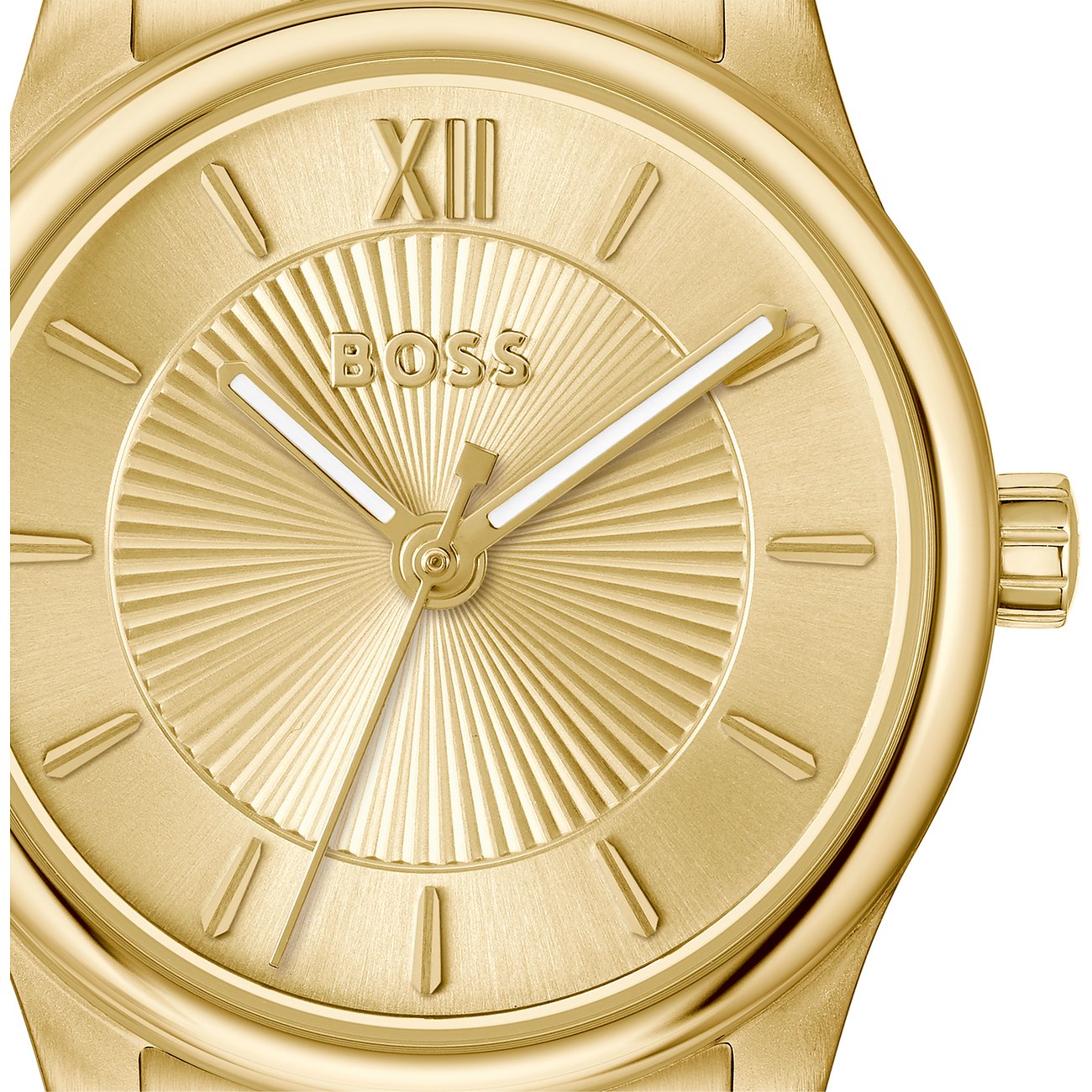 Nahaufnahme einer Boss Damenuhr aus goldfarbenem Edelstahl mit strukturiertem Zifferblatt und römischen Ziffern.