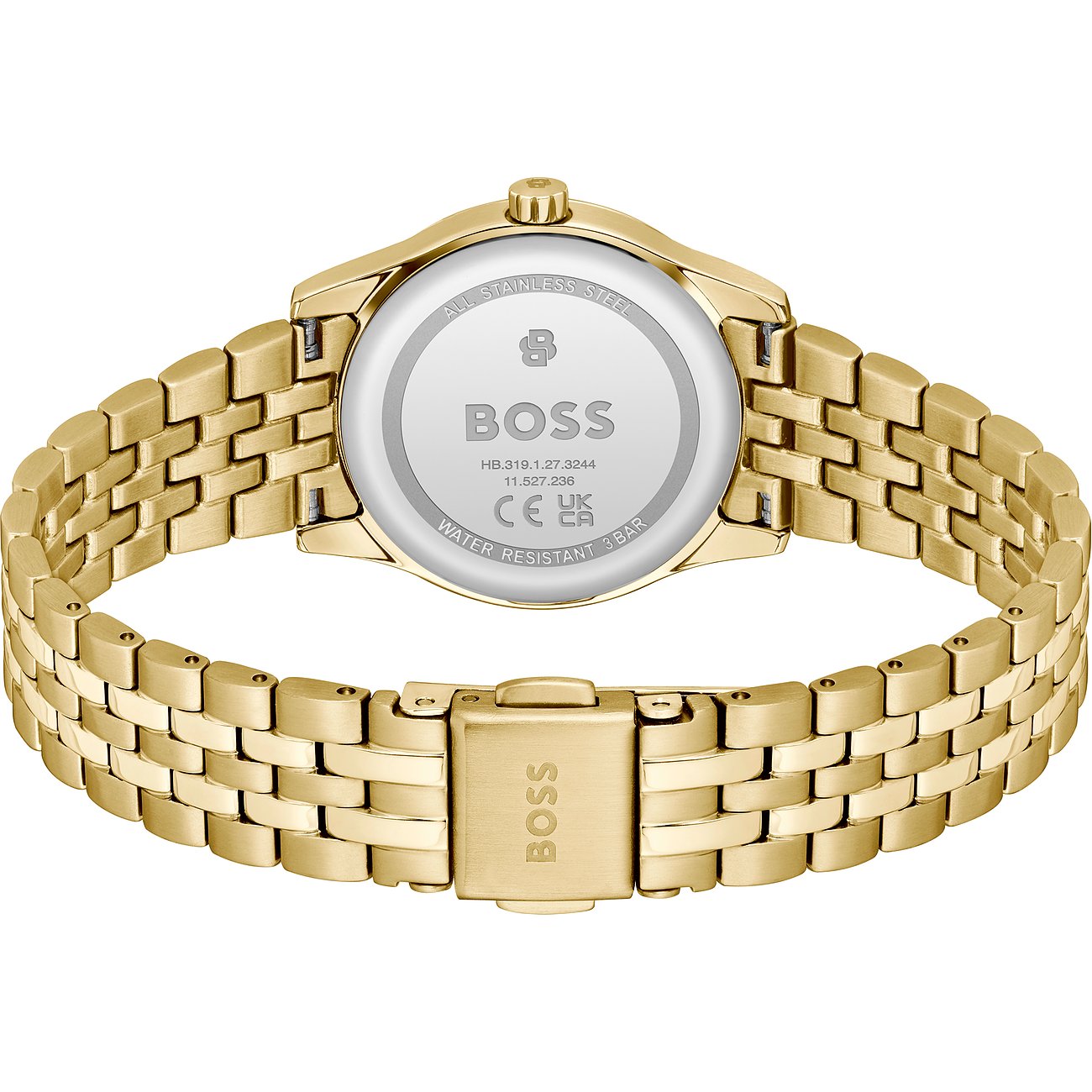 Rückansicht einer goldenen Boss Damenuhr aus Edelstahl mit sichtbarem Uhrenboden und BOSS Logo auf dem Verschluss.