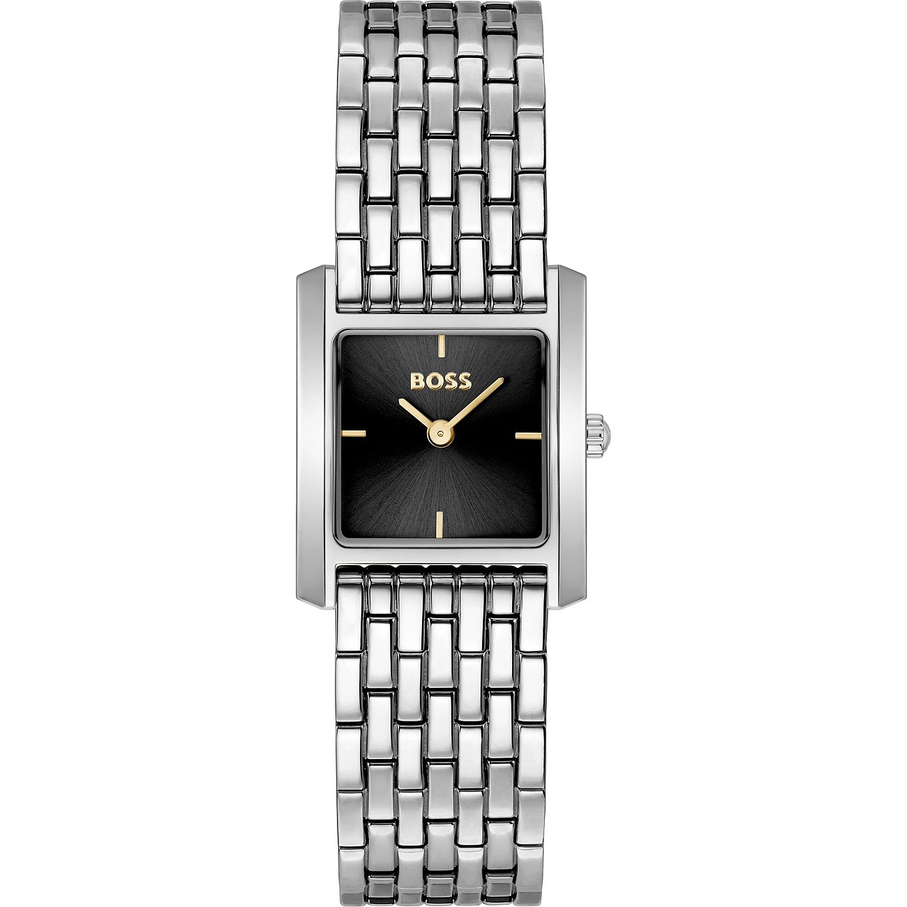 Nahaufnahme einer Boss Damenuhr aus Edelstahl mit rechteckigem Zifferblatt und schwarzem Zifferblatt.