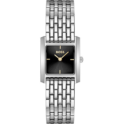 Nahaufnahme einer Boss Damenuhr aus Edelstahl mit rechteckigem Zifferblatt und schwarzem Zifferblatt.
