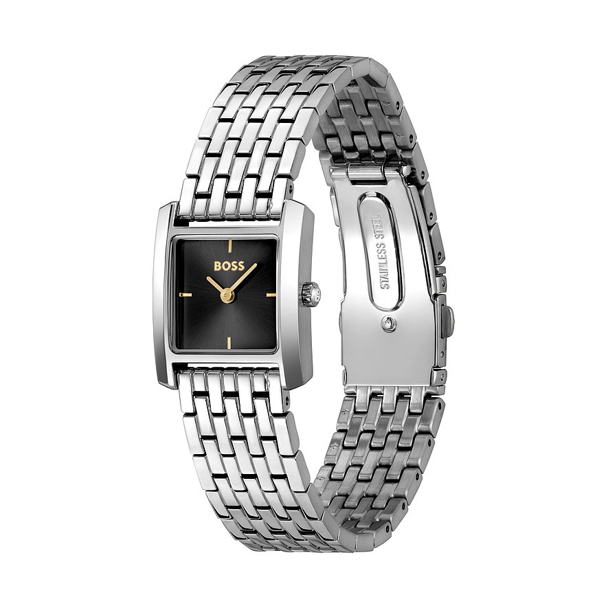 Nahaufnahme einer Boss Damenuhr aus silberfarbenem Edelstahl mit eckigem, schwarzem Zifferblatt und goldfarbenen Zeigern.