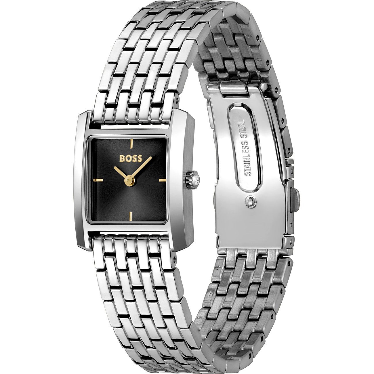 Nahaufnahme einer Boss Damenuhr aus silberfarbenem Edelstahl mit eckigem, schwarzem Zifferblatt und goldfarbenen Zeigern.