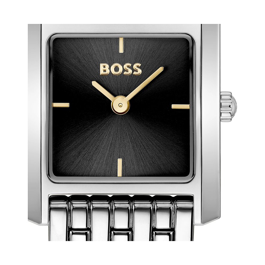 Nahaufnahme einer eckigen Boss Damenuhr aus Edelstahl mit schwarzem Zifferblatt und goldfarbenen Zeigern.