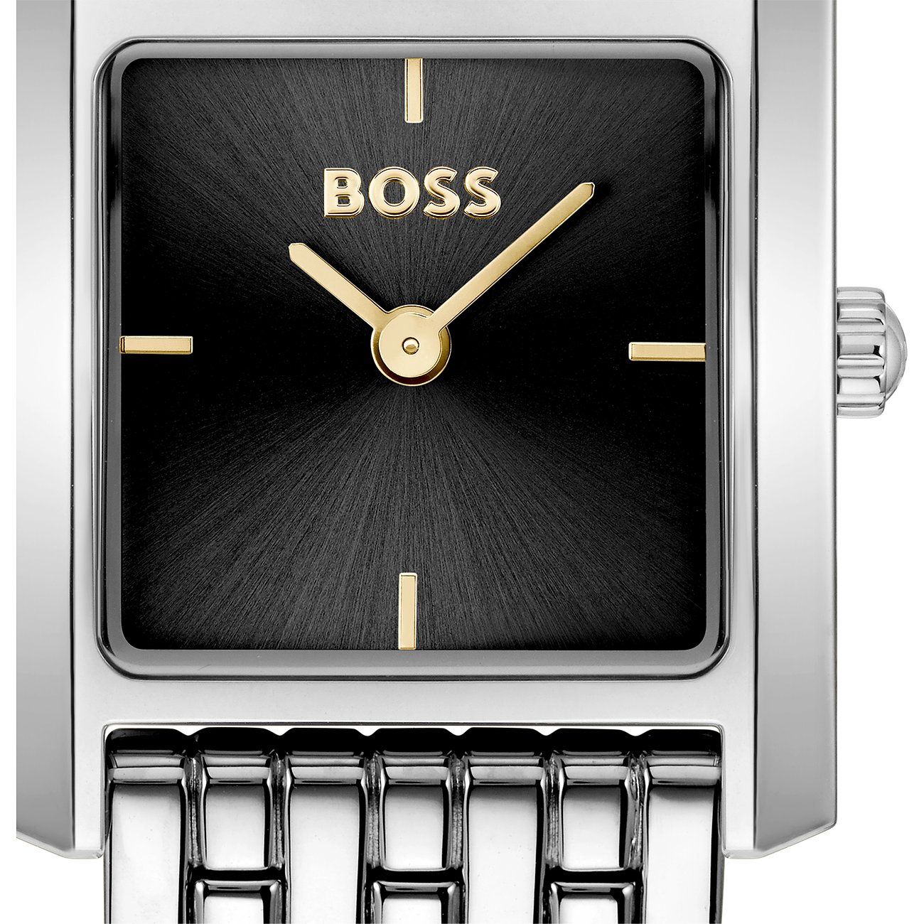 Nahaufnahme einer eckigen Boss Damenuhr aus Edelstahl mit schwarzem Zifferblatt und goldfarbenen Zeigern.