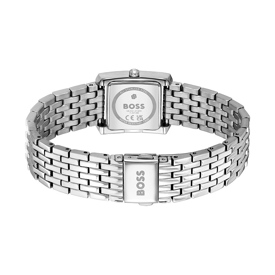 Rückansicht der Boss Damenuhr aus Edelstahl mit rechteckigem Gehäuse und klassischem Gliederarmband.