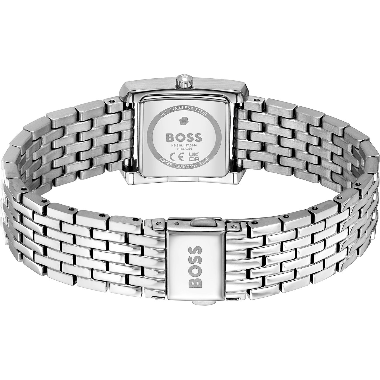 Rückansicht der Boss Damenuhr aus Edelstahl mit rechteckigem Gehäuse und klassischem Gliederarmband.