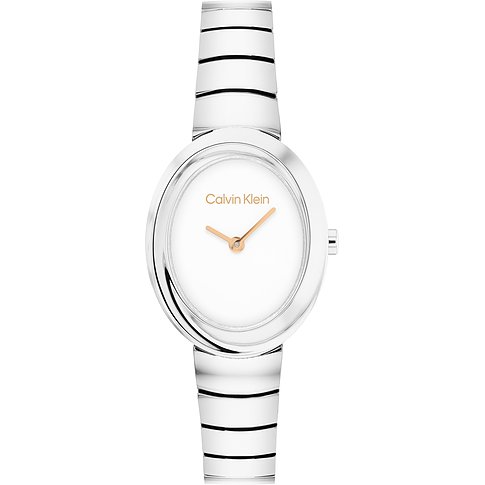 Calvin Klein dameshorloge van RVS met glanzende zilveren band, elliptische kast en witte wijzerplaat.