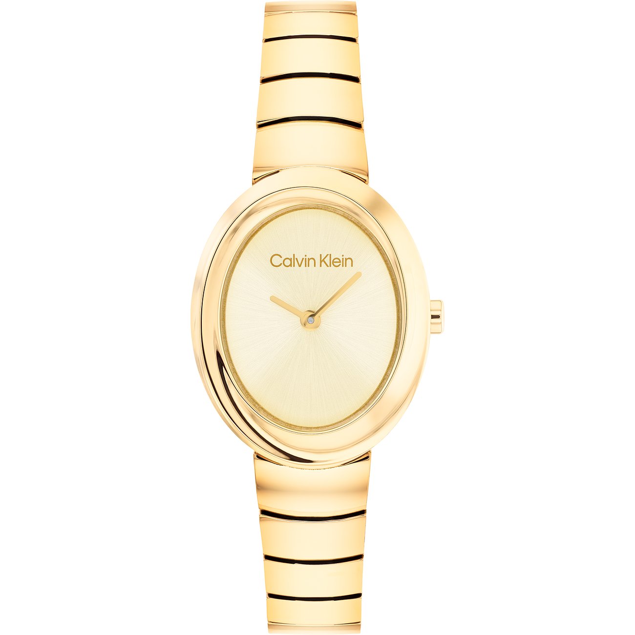 Calvin Klein Damenuhr aus goldfarbenem Edelstahl mit ovalem Zifferblatt und glänzendem Band.